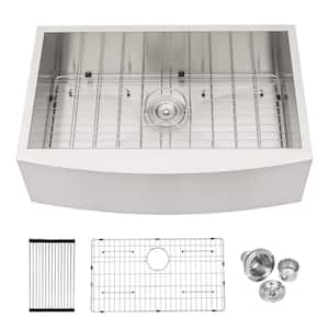 33 in. Farmhouse/Apron-Front Single Bowl Brushed Nickel Stainless Steel Kitchen Sink with Bottom Grids and Strainer