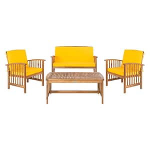 Rocklin Natural Brown 4-Piece Wood Patio Conversation Set with Yellow Cushions
