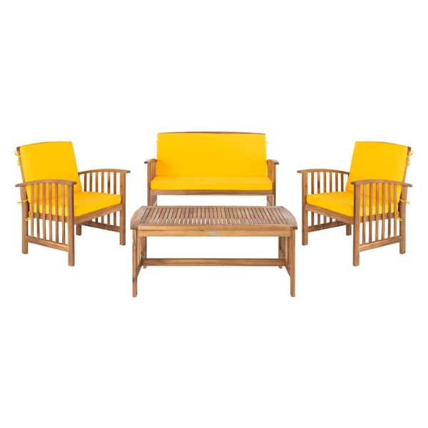 SAFAVIEH Rocklin Natural Brown 4-Piece Wood Patio Conversation Set with Yellow Cushions