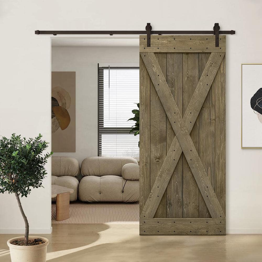 Aged Barrel Stained Knotty Pine Barn Door with Oil Rubbed Bronze Hardware