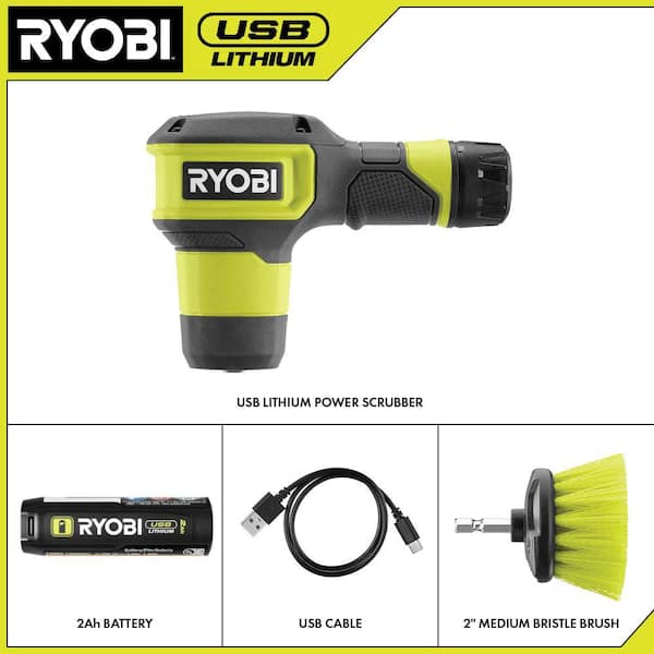 RYOBI USB Lithium Compact Scrubber Kit with 2.0 Ah Battery, and USB Charging Cord w/ Medium and Soft Bristle Brushes