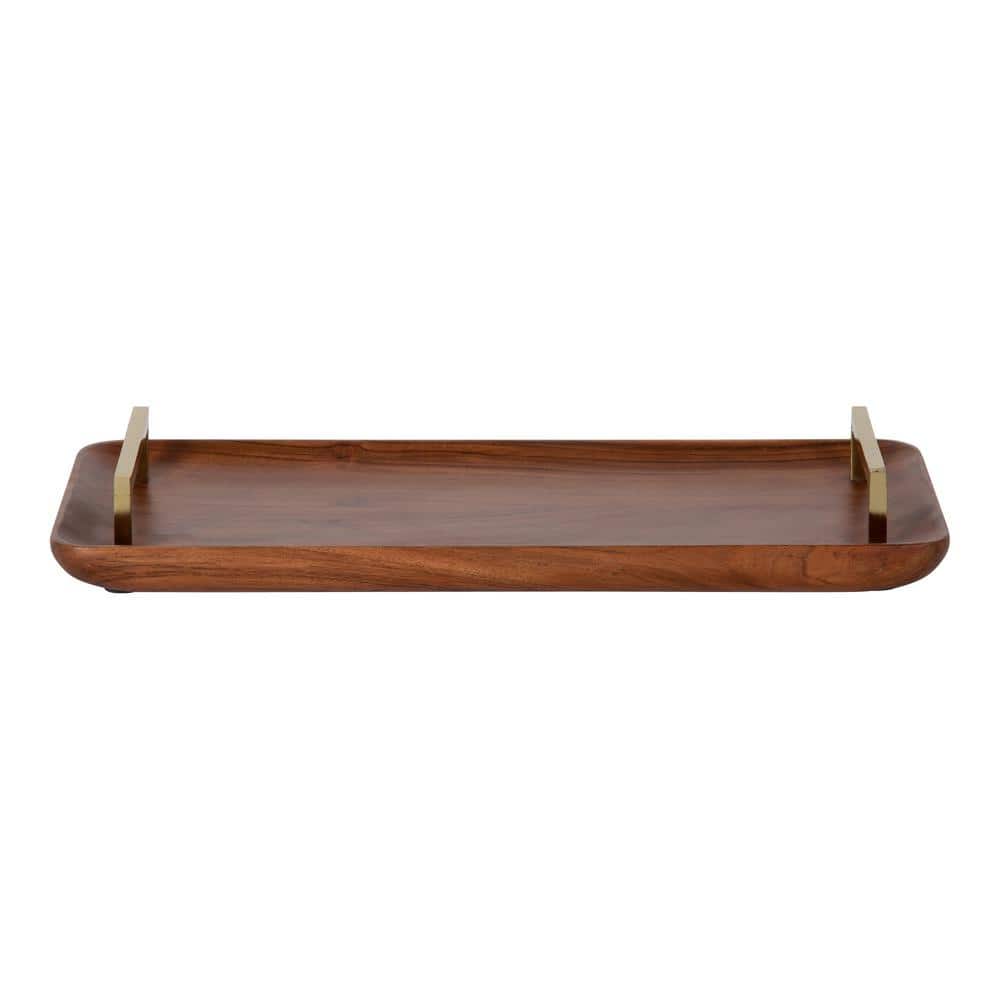 Walnut Brown Acacia Wood Rectangular Serving Tray with Gold Handles