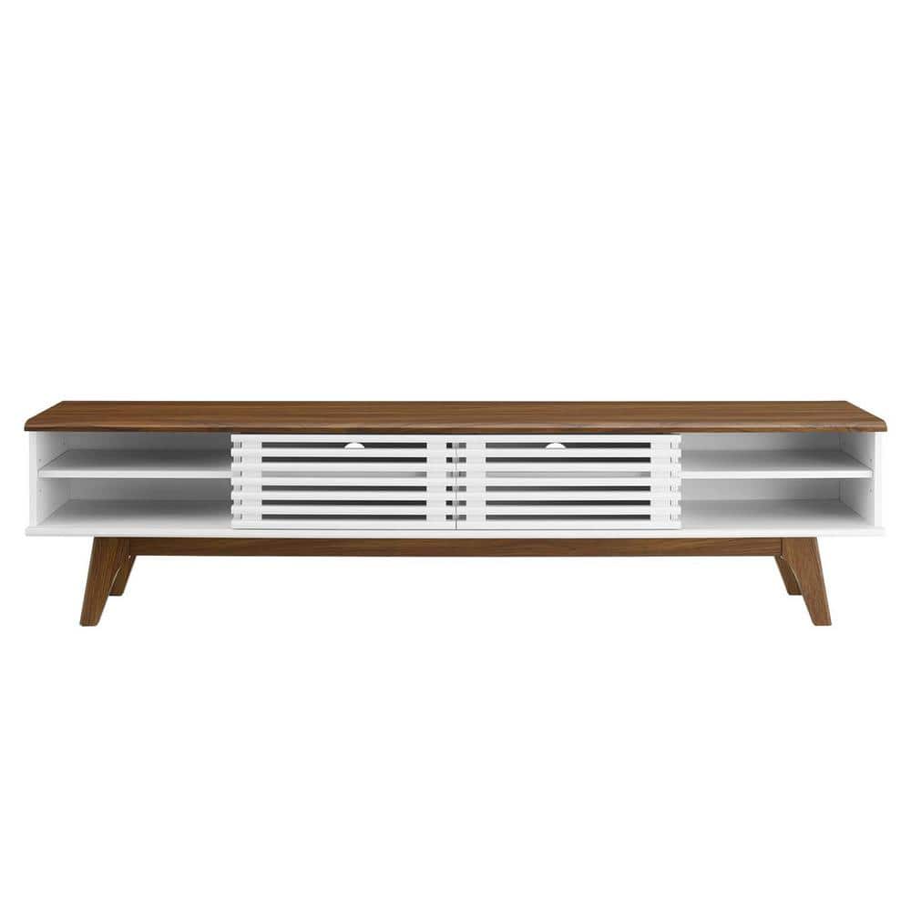 Walnut and White Mid-Century Modern 70" TV Stand with Sliding Doors