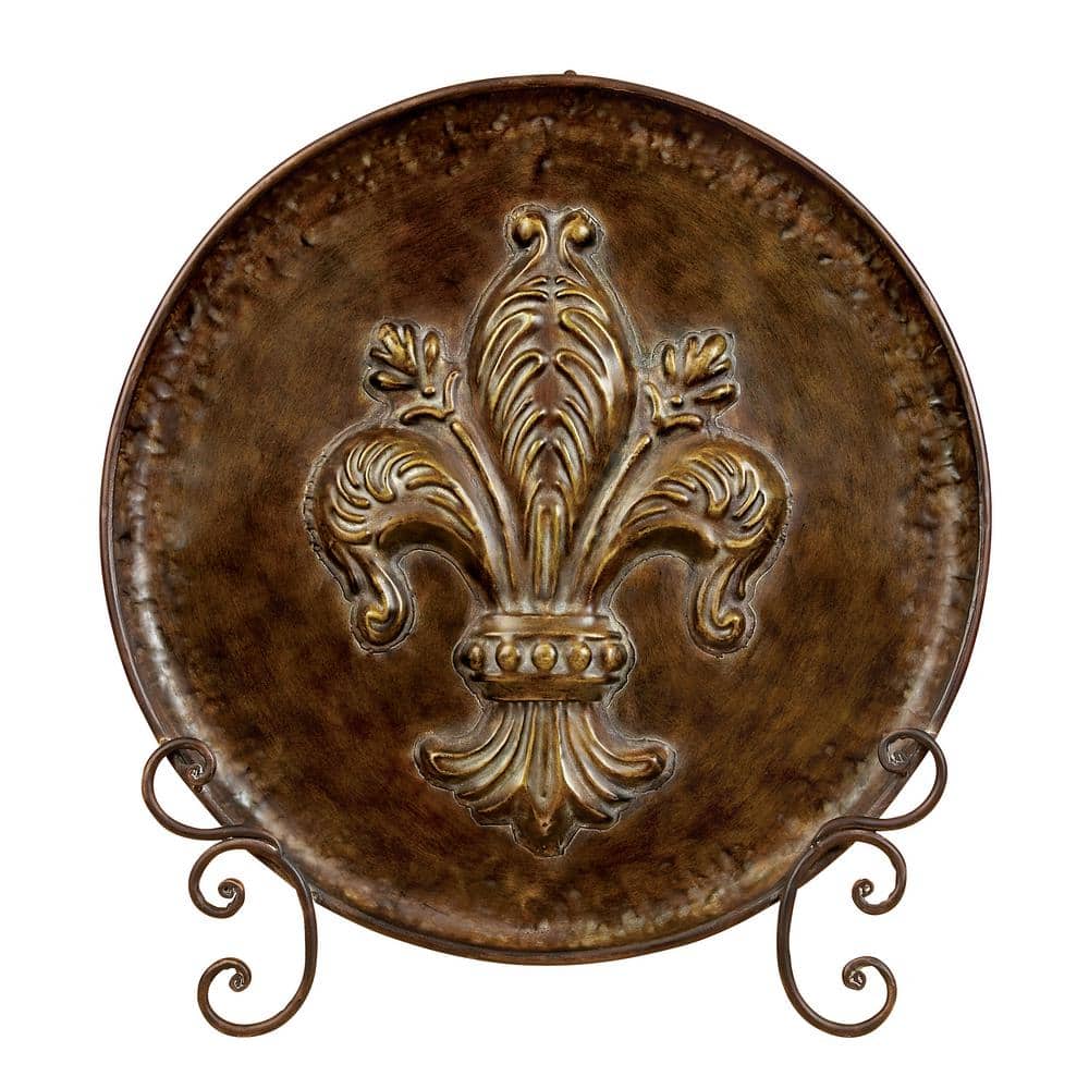 Brown Iron Fleur De Lis Embossed Round Charger with Stand