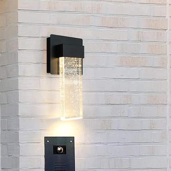9.6 in. Black Modern Crystal Bubble Glass Integrated LED Outdoor Hardwired Garage and Porch-Light Lantern Sconce 3000K