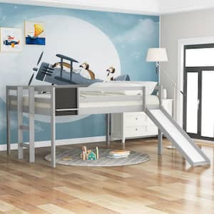 Gray Full Size Wood Loft Bed with Slide, Ladder and Chalkboard