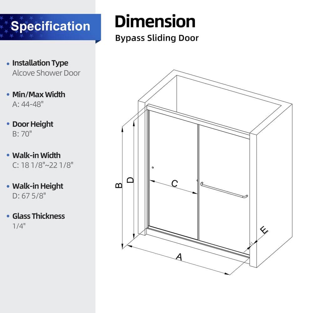 Chrome Finish Sliding Shower Door with Clear Tempered Glass, 48" x 70"