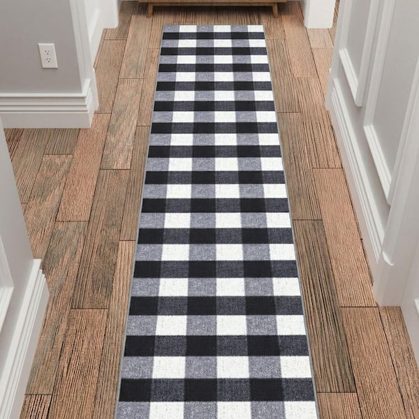 Homeline Non-Slip Rubberback 2 ft. x 53 ft. Checkered Buffalo Plaid Indoor Runner Rug, Grayscale