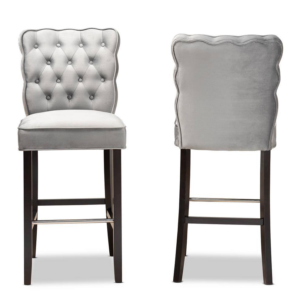 Adjustable Gray Velvet and Wood Bar Stool Set