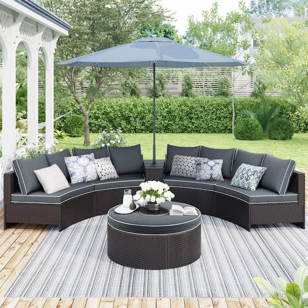 Anvil 6-Pieces PE Wicker Rattan Outdoor Sectional Half Round Sofa Set with Gray Cushion and Side Table and Round Table