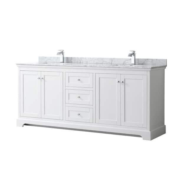 Wyndham Collection Avery 80 in. W x 22 in. D Bathroom Vanity in White with Marble Vanity Top in White Carrara with White Basins