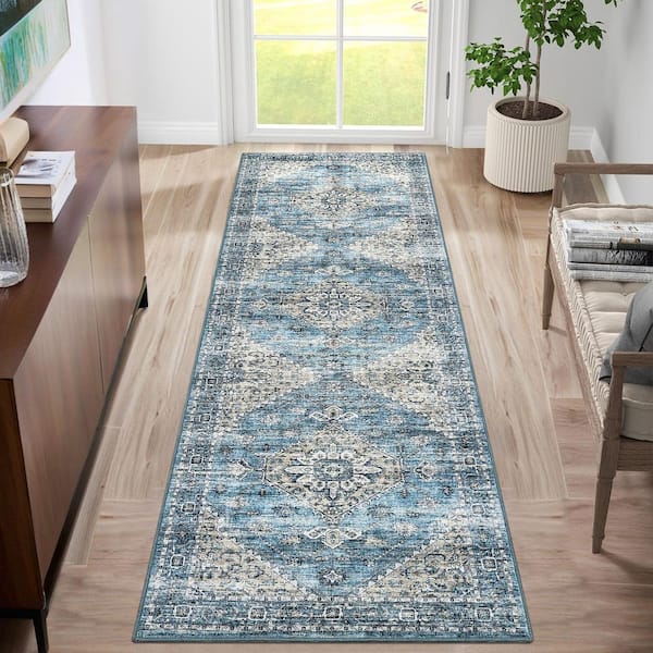 Vintage Printed Blue 2 ft. x 6 ft. Rug Distressed Floral Carpet Soft Non-slip Thin Carpet Living Room Farmhouse Area Rug