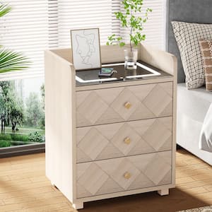 Mayville 19.7 in. Natural Wood Color 3-Drawer Nightstand w/ Wireless Charging Station, Modern Bedside Table for Bedroom