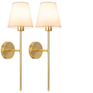 8 in. 1-Light Gold Wall Sconce, Rechargeable Wall Sconce with Detachable Bulbs and Fabric Shade for Living Room (2-Pack）