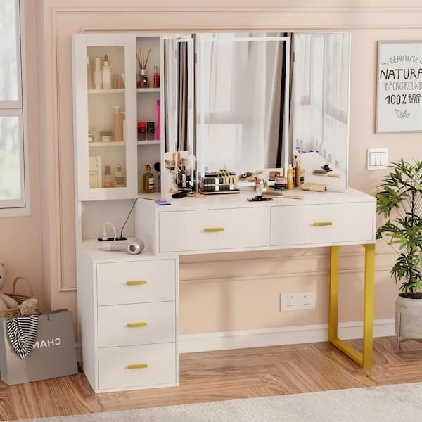 White Makeup Vanity Set with Mirror, Corner Vanity Desk With Lights, 3-Color Lighting, Power Strip Hooks, Hidden Shelves