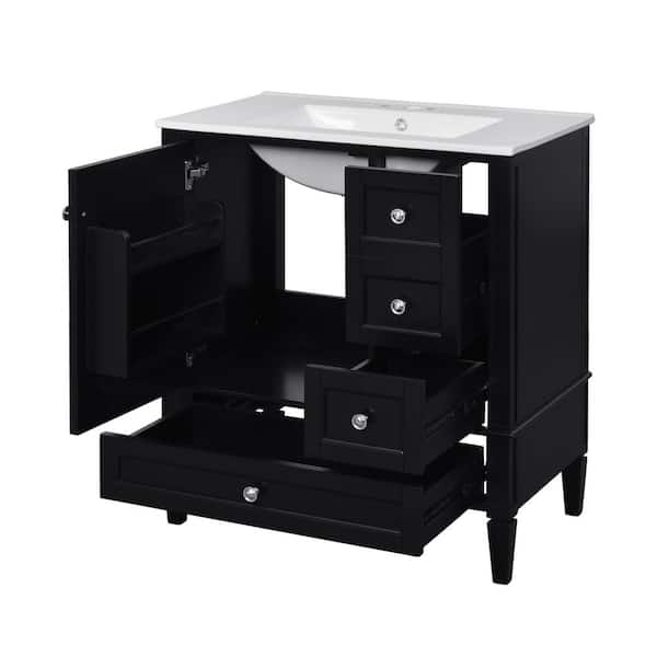 30 in. W Single Sink Freestanding Black Bath Vanity with White Ceramic Top and 3 Drawers, Unassembled