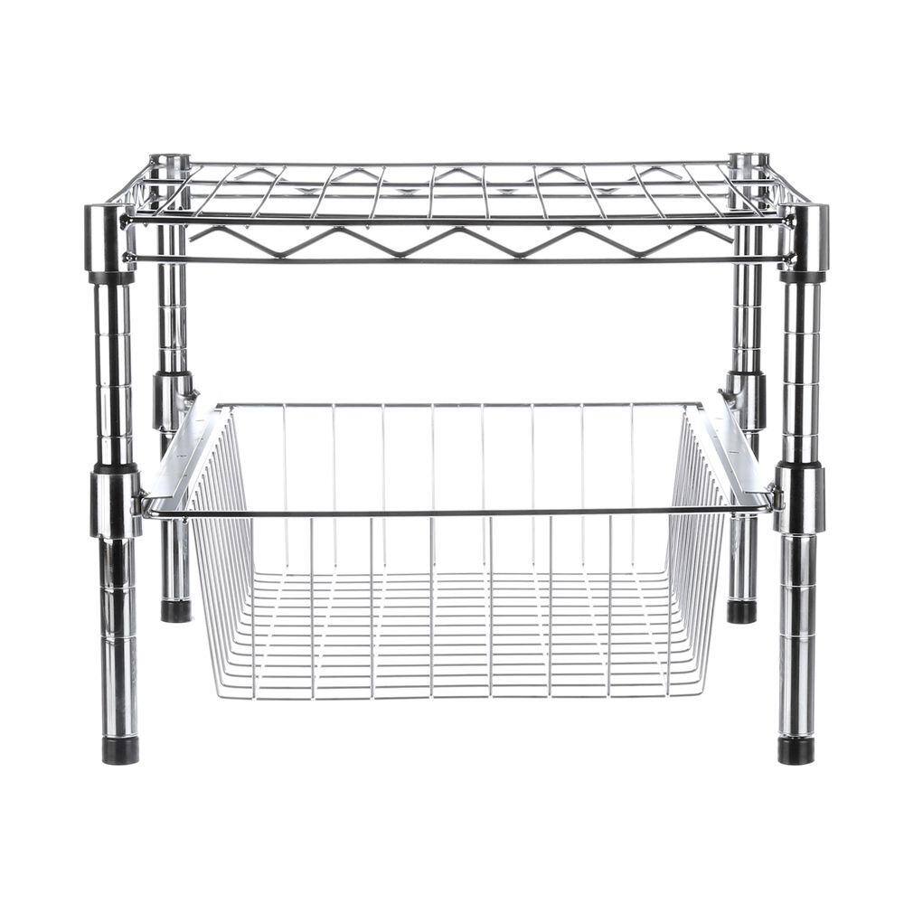 Expandable Chrome Stacking Cabinet Organizer with Pull-Out Basket