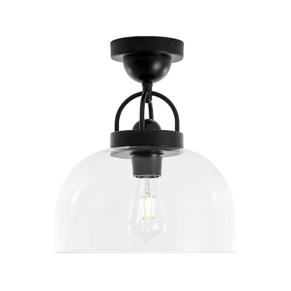Bell 1-Light 11.4 in. W Matte Black Semi-Flush Mount Transitional Ceiling Light with Bell Clear Glass for Hallway