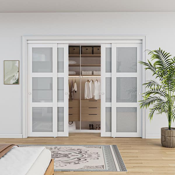 96 in. x 80 in. 3 Lites Frosted Glass MDF Closet Sliding Door with Hardware Kit