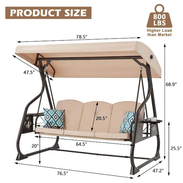 76.5 in. 3-Person Khaki Metal Patio Swing with Adjustable Canopy and 2 Side Tables