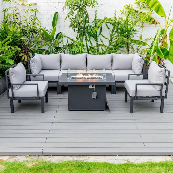 Leisuremod Chelsea Modern Black 7-Piece Aluminum Patio Sectional Seating Set with Fire Pit Table and Light Grey Cushions