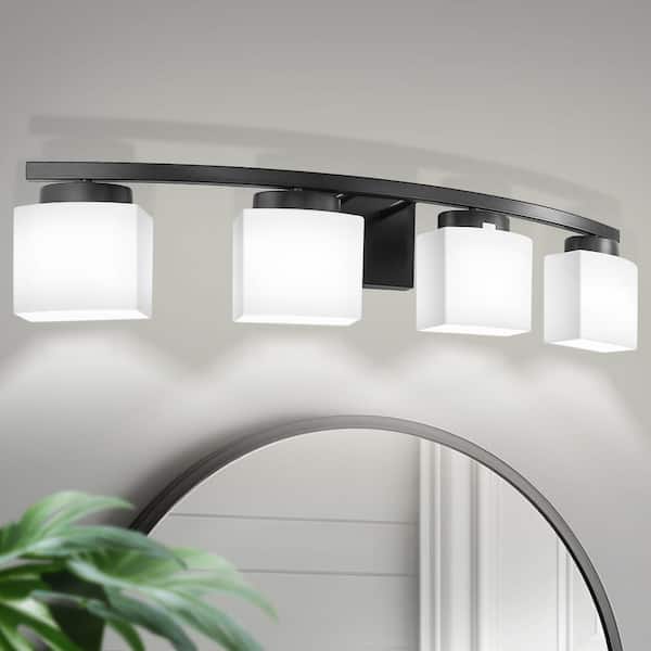 33.5 In. 4-Light Black Modern Square Vanity Light with Curved Arms and Milk White Glass Shades for Bathroom or Bedroom