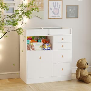 White 5-Drawers 33.5 in. Width Changing Table, Dresser, Kids Low Dresser with Shelf