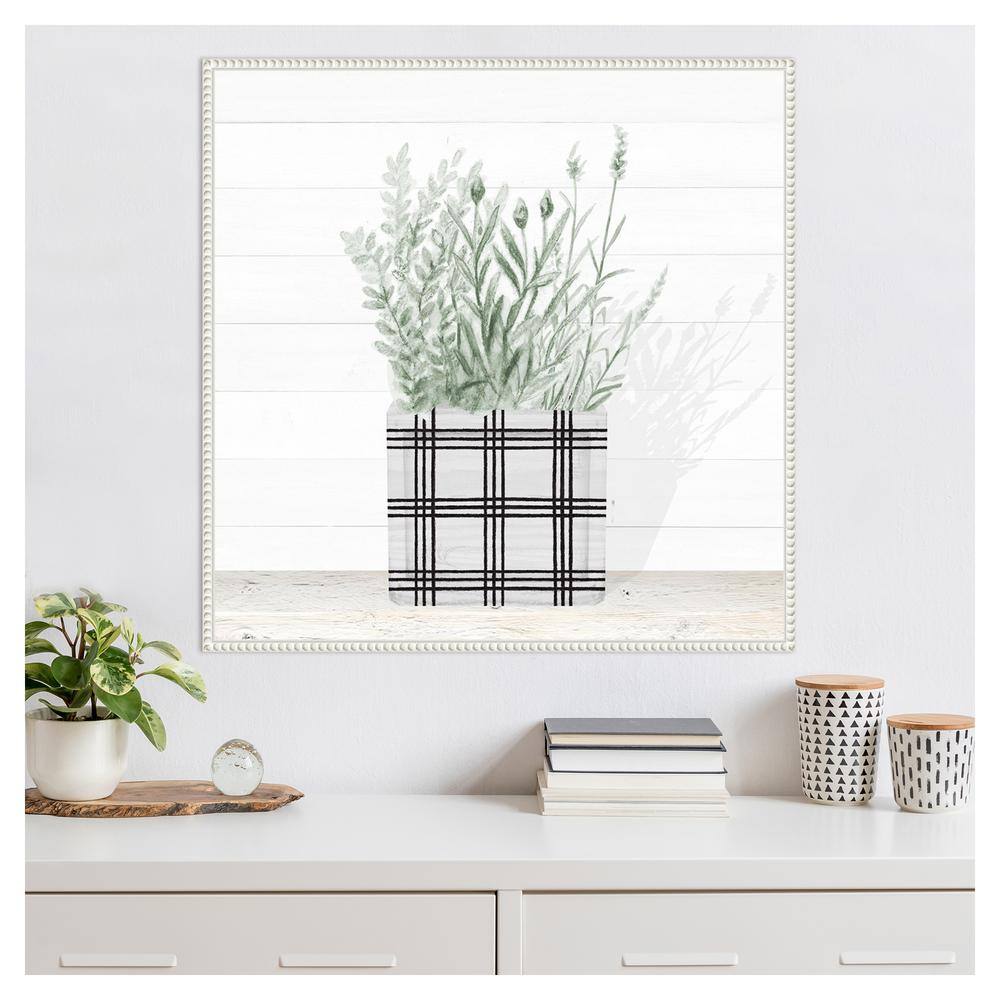 30" White and Green Lavender Blossom Canvas Wall Art in Beaded Frame
