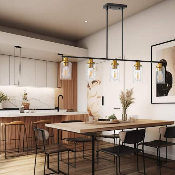 5-Light Black and Gold Farmhouse Linear Island Pendant Light with Clear Glass Shade for Dining Room, Kitchen Island