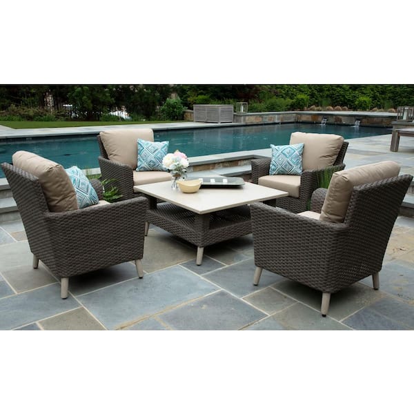 Canopy Noble 5 Piece Resin Wicker Patio Conversation Set With Sunbrella Canvas Heather Beige Cushions Dps1100nob The Home Depot - Resin Wicker Patio Conversation Sets
