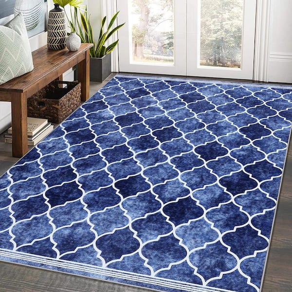 Vintage Grid Printed Rug Low Pile Non-Slip Carpet Washable Area Rug Home Decor Rug Blue, 8 ft. x 10 ft. Area Rug