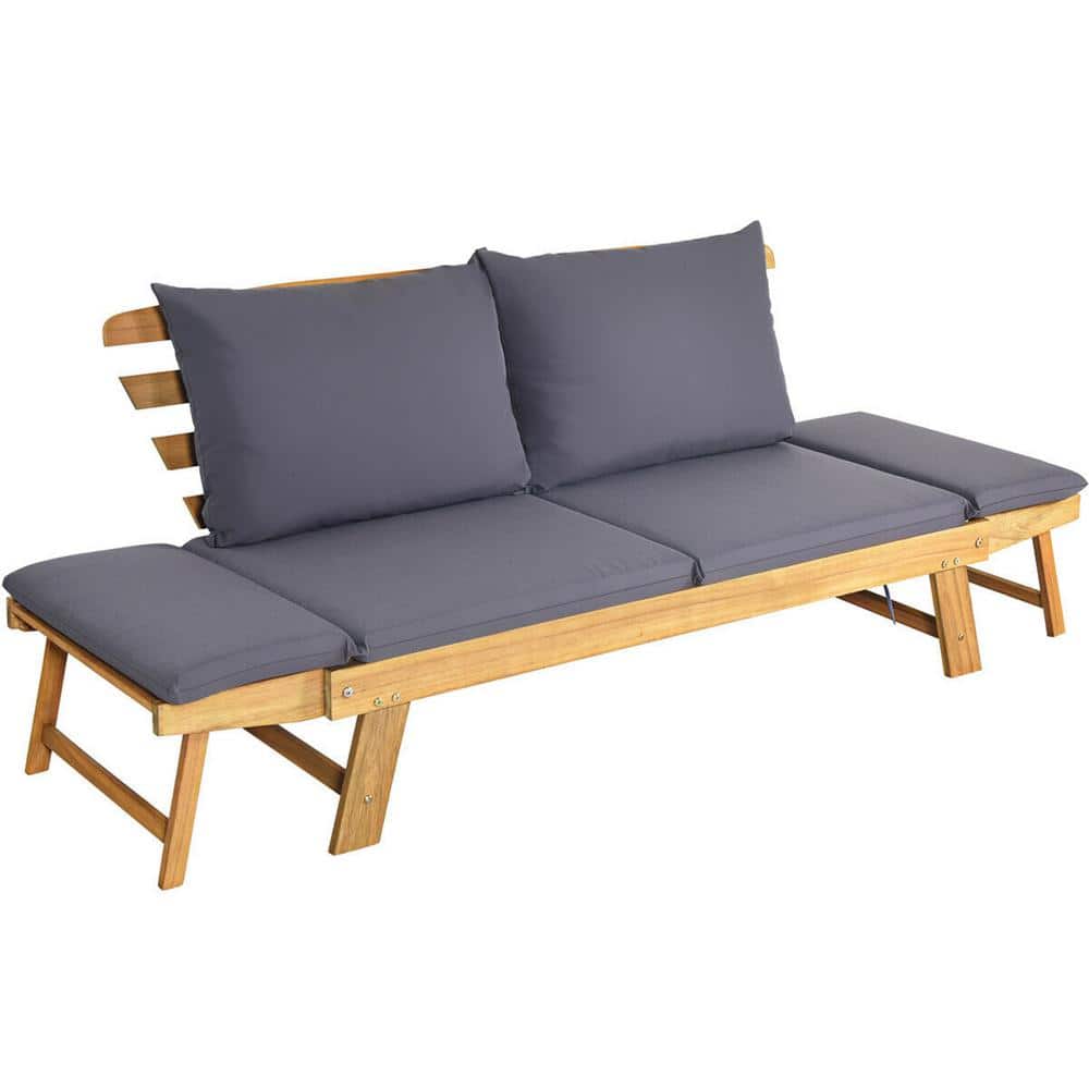Wood Patio Chairs Outdoor Dining Chairs Garden Gray Cushion with Armrest Steel Frame (Set of 4)