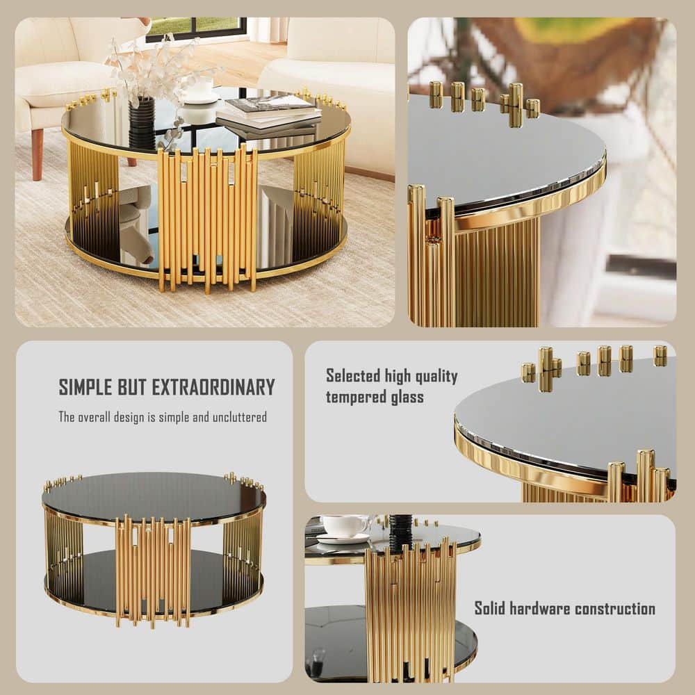 36in. Round Black Tempered Glass Coffee Table with Gold Crown Stainless Steel Legs, 2-Tier Center Table for Living Room