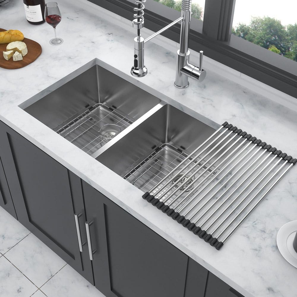 28 in. Undermount Double Bowl (50/50) 16-Gauge Brushed Nickel Stainless Ste