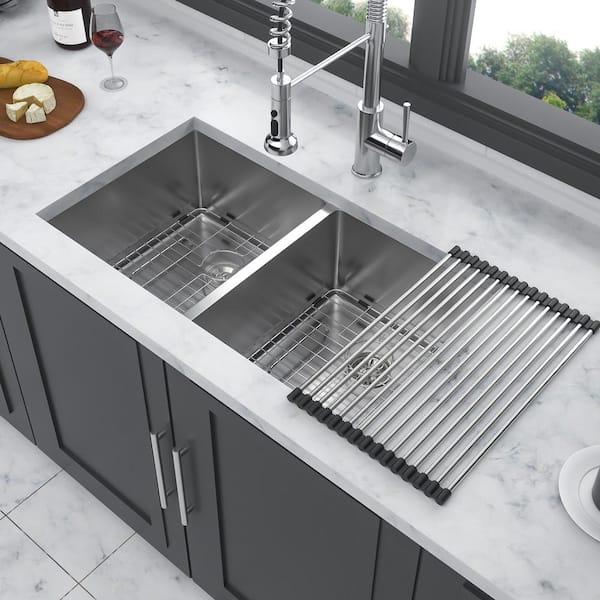 28 in. Undermount Double Bowl (50/50) 16-Gauge Brushed Nickel Stainless Steel Kitchen Sink with Bottom Grids