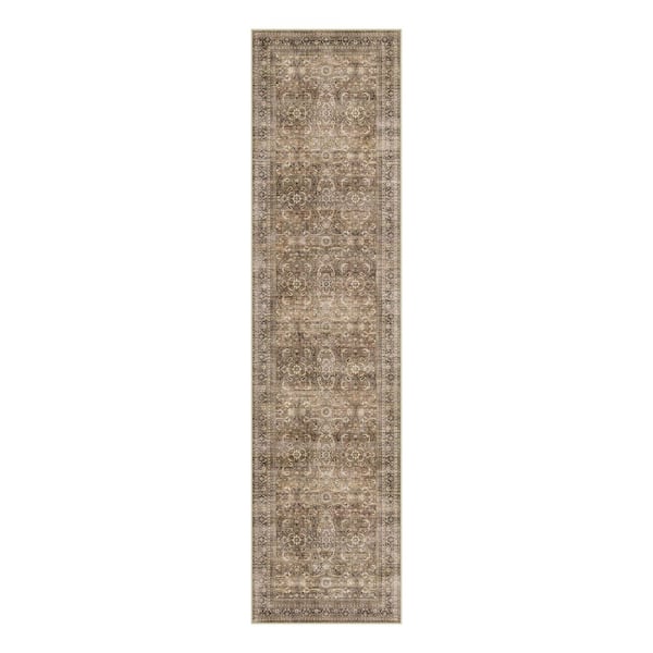 Phuket Island Brown 2 ft. x 8 ft. Distressed Vintage Floral Runner Rug