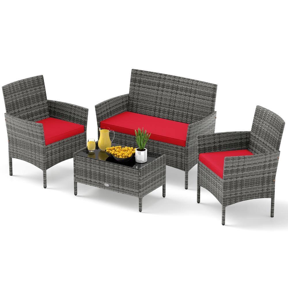 4-Piece Wicker Patio Conversation Set with Red Cushions, Loveseat, 2 Chairs and Tempered Glass Table price history on PriceWatchPro