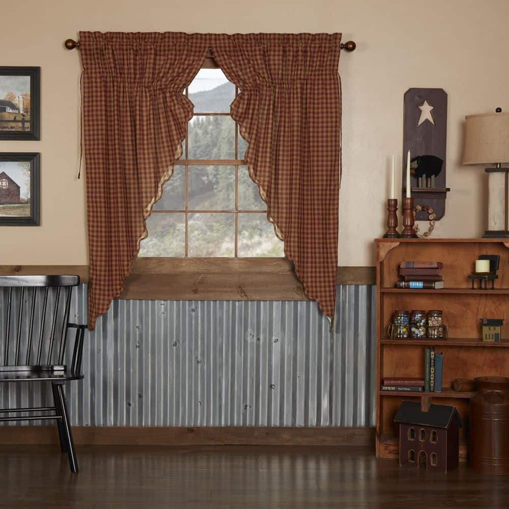Burgundy Check 36 in. W x 63 in. L Scalloped Light Filtering Rod Pocket Prairie Window Panel in Burgundy Tan Pair price history on PriceWatchPro