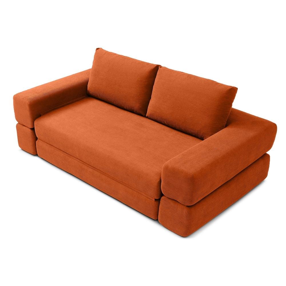 Orange corduroy 2-seater convertible sofa bed at an angle.