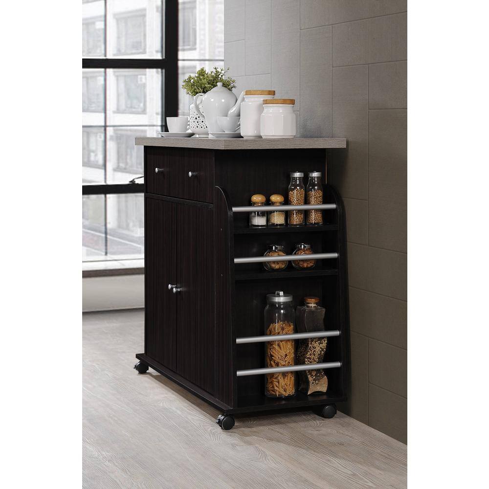 Elegant Chocolate Brown Wheeled Kitchen Island with Spice & Towel Rack
