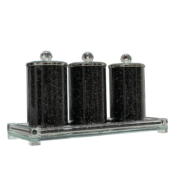 Set of 3 Small Glass Candy Spice Jars Canister Matte Black Metal