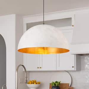 PCover 1-Light 23.6 in.W Antique White Large Dome Pendant Light with Gold Leaf Interior shade