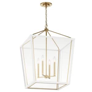 Delvin 31.75 in. 4-Light Champagne Bronze and White Traditional Foyer Hanging Pendant Light with Removable Clear Glass