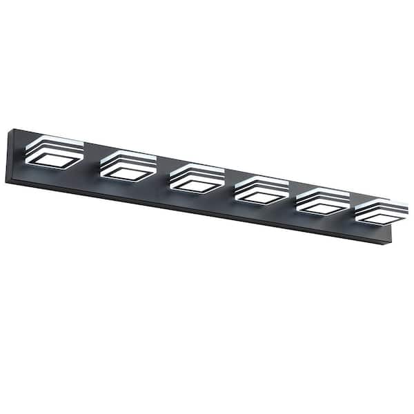 VEVETTA 39 in. 6-Light Black LED Vanity Light Over Mirror with Frosted Acrylic Shade with 360° Rotatable Joint for Bathroom