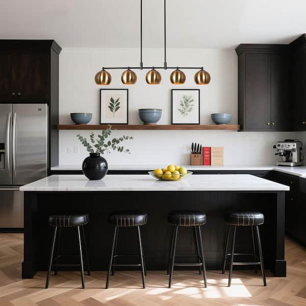 38.5 in. 5-Light Vintage Black Pendant Light for Kitchen Island, Transitional Brass-Plated Globe Shade Linear Chandelier