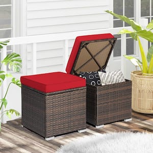 2-Piece Wicker Outdoor Patio Ottomans Hand-Woven PE Wicker Footstools with Removable Red Cushions