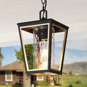 12.2 in. 1-Light Black Gold Cage Outdoor Pendant Light with Cylinder Water Ripple Glass Shade for Outdoor Covered Areas