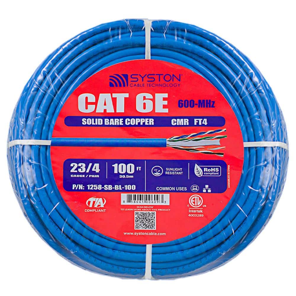Syston Cable Technology Cat6 100 ft. Blue 23-4 Riser Twisted Pair Cable  1258-SB-BL-100 - The Home Depot