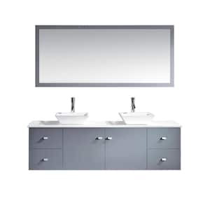 Clarissa 72 in. W Bath Vanity in Gray with Stone Vanity Top in White with Square Basin and Mirror