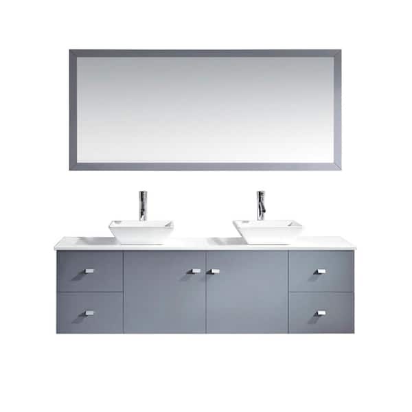 Virtu USA Clarissa 72 in. W Bath Vanity in Gray with Stone Vanity Top in White with Square Basin and Mirror